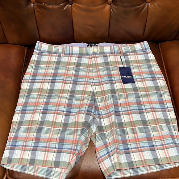 Peter Millar Crown Crafted Mens Madras Seersucker Golf Shorts Size 35 Galaxy